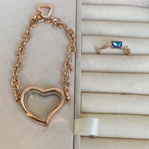 Rose Gold Heart Bracelet and Blue Gem Ring Set